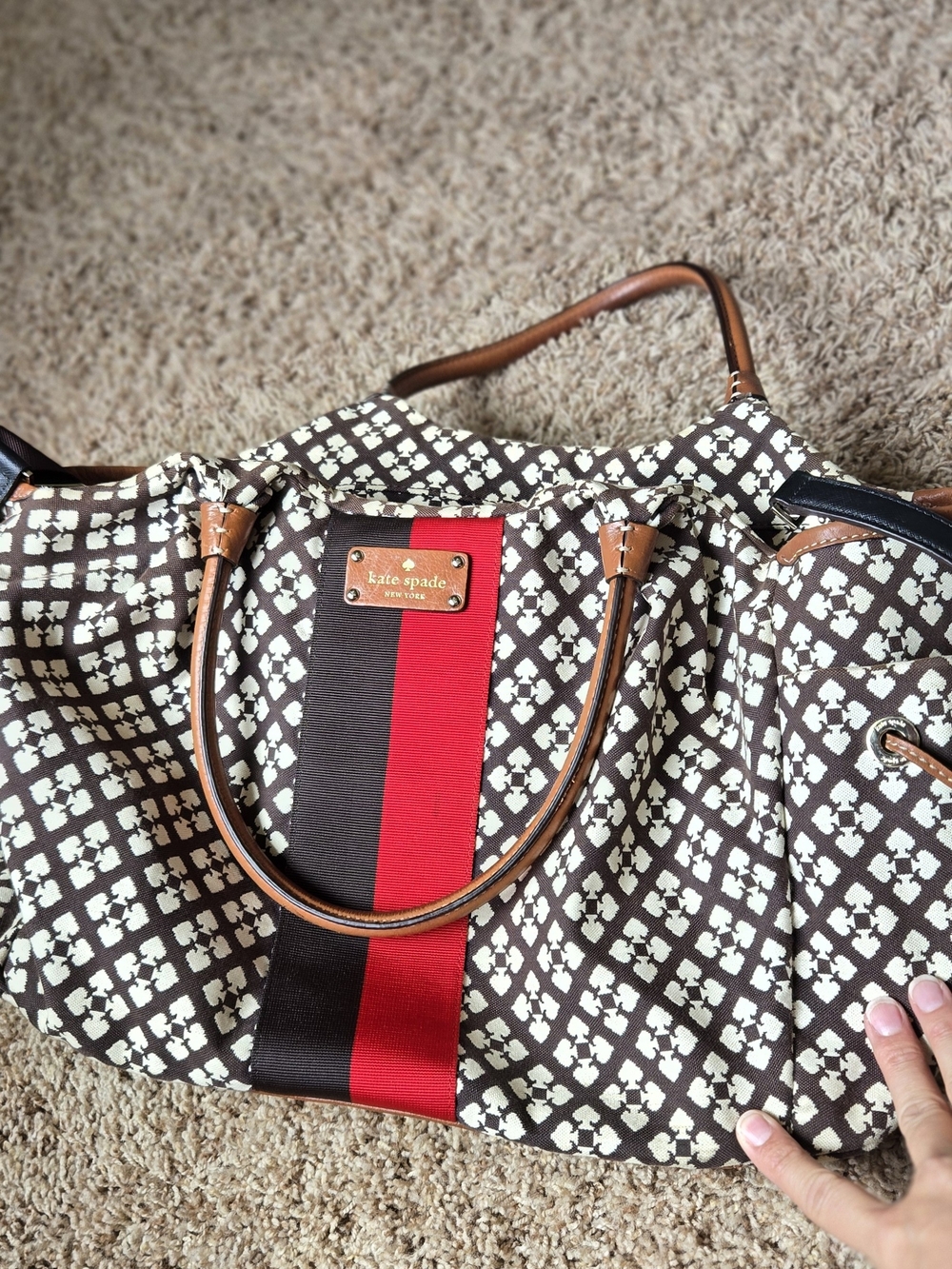 kate spade Brown & Cream Printed Tote with Red Stripe